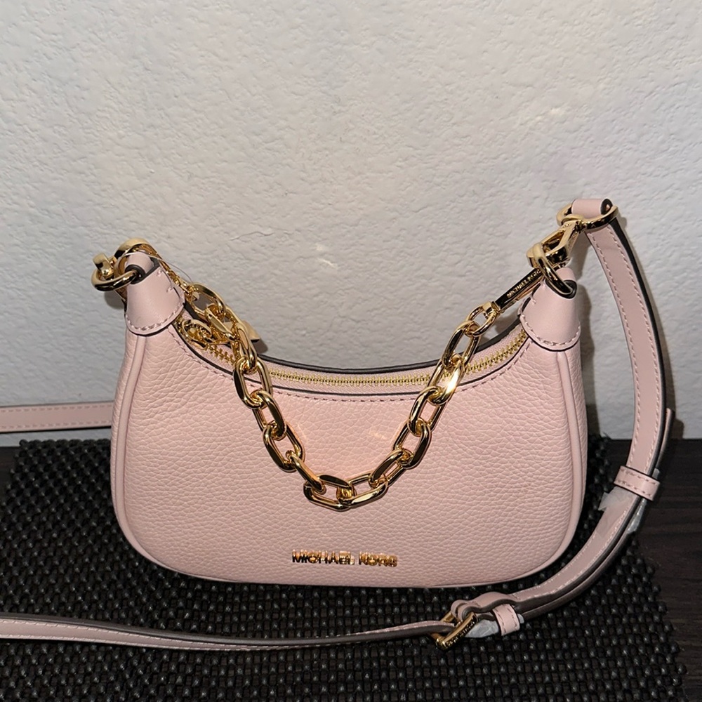 Michael Kors Cora MINI Shoulder Crossbody Pouchette Bag Leather Powder Blush